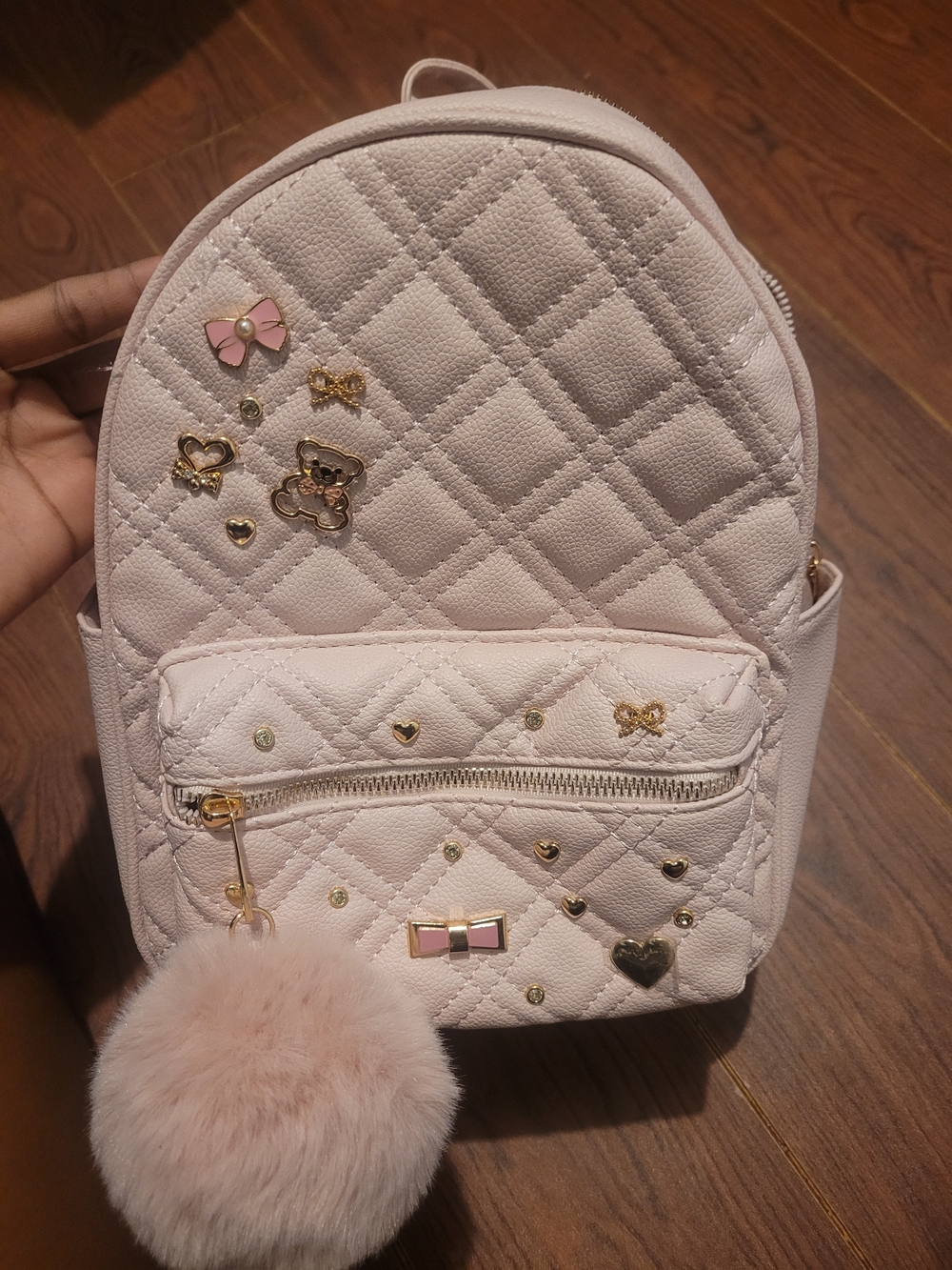 Pink Quilted Mini Backpack with Fluffy Pom Pom
